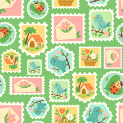Seamless spring pattern with cute postage stamps featuring birds, flowers, houses and love letters. Soft pastel background design for kids products, stationery, wrapping paper, fabric and decor
