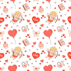 Seamless Valentines Day pattern with cute cupid, hearts, balloons, love letters, cupcakes and romantic symbols. Sweet hand drawn illustration for wrapping paper, textiles, cards and backgrounds