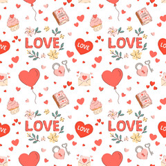 Seamless Valentine&rsquo;s Day pattern with hand lettered LOVE text, hearts, flowers, cupcakes, balloons and romantic icons. Cute repeat background for wrapping paper, textiles, cards and stationery