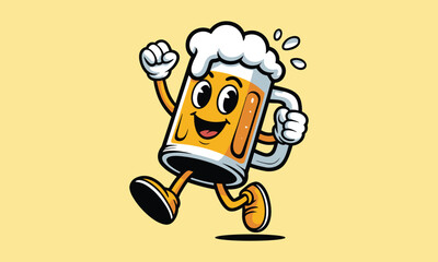 Running cartoon beer mug character with frothy head