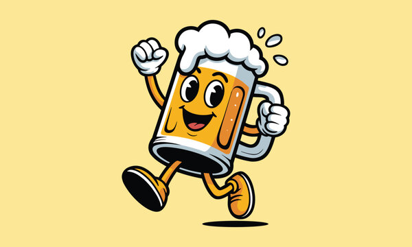 Running cartoon beer mug character with frothy head