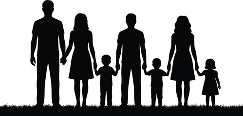 Silhouette family standing together holding hands on grass, parents and children united in black vector illustration for design, community, lifestyle and relationship projects