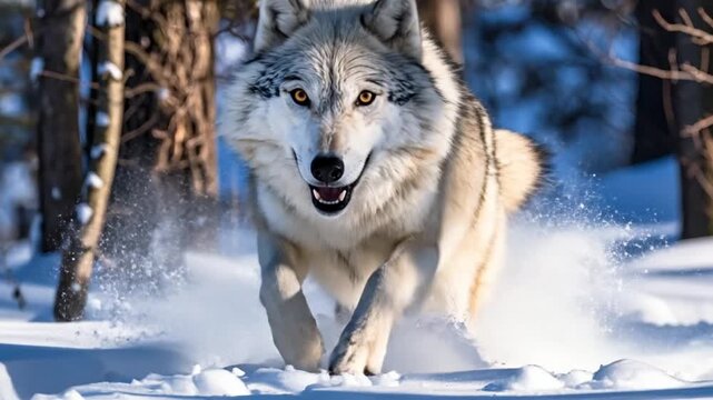 Wild wolf chasing target across snowy forest meadow in fast-motion wildlife videography.