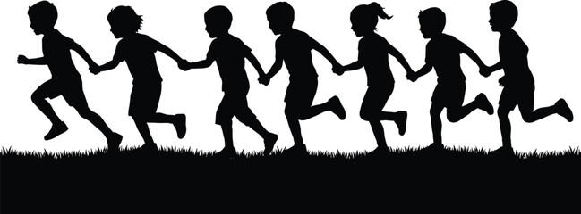 Silhouette of children running together holding hands on grass, playful outdoor activity scene in black vector style for design, education and recreation projects