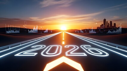 Road to 2026 concept with glowing numbers on highway towards sunrise and city skyline