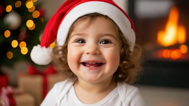 Little Joy in Festive Charm: A rosy-cheeked toddler, adorned in a Santa hat, beams a radiant smile as they revel in the warmth of the holiday season.