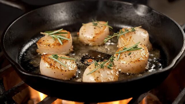 Seared sea scallops cooking in sizzling butter with fragrant rosemary and thyme herbs on a rustic cast iron skillet over an open gas flame