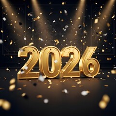 Golden 2026 numbers surrounded by falling confetti on a dark stage for new year celebrations