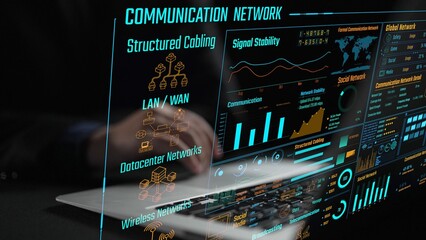 Data center monitoring dashboard visualize network performance, connection status, usage rate, and telecommunication insight. Data center monitoring efficiency improvement network transparency. Thunk