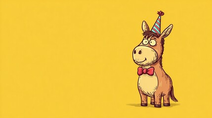 A cartoon donkey celebrates a special day, donning a festive party hat and a stylish red bow tie, all against a cheerful yellow backdrop! It's the perfect recipe for laughter.