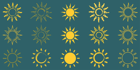 Hand-Drawn Sun Icons. Bright Sunlight Line Art Set. Summer Sun Symbol Collection. Radiant Sunburst Doodle Pack. Warm Sun and Ray Icons. Abstract Sunshine Vector Set for tan, sunshine, warm day