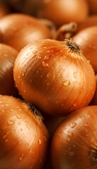 Fresh brown onions covered in water drops