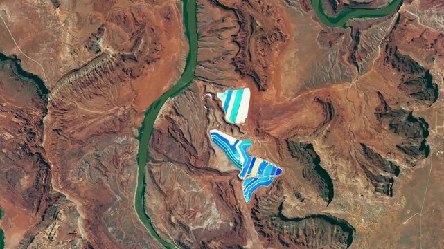Aerial view on potash ponds, red rocks, deserted dry area with canyon of a river. Camera is moving left. Animation based on image by NASA