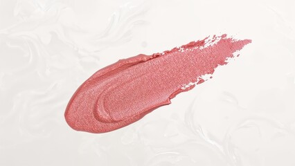 Fototapeta premium A smear of pink lipstick or makeup product on a white marble background.