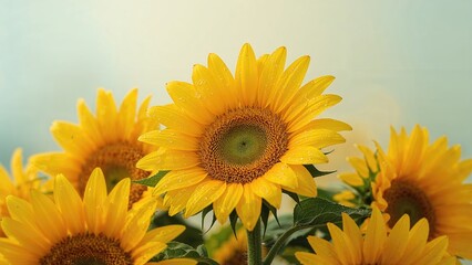 Obraz premium Sunflowers in bloom under soft light with vibrant yellow petals and green leaves. Nature and floral scene. Bright and cheerful summer flowers.