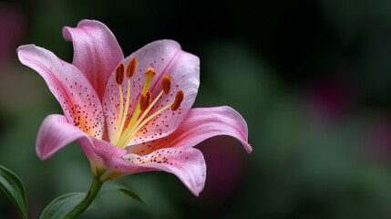 Fototapeta premium Pink lily blooms in a garden with soft green background during a sunny daytime