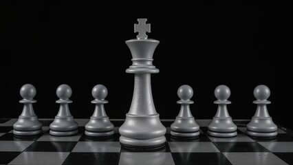 A large queen chess piece leading the line of pawns on a chessboard, with a puzzle piece on top of the queen, all in a grayscale color scheme.