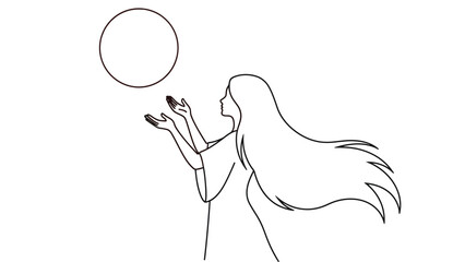 A simple line drawing of a woman reaching for a floating bubble