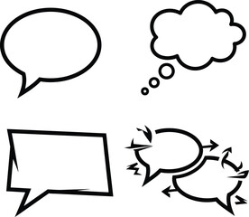 Set of four different black outline speech bubble and thought cloud icons for comic book conversation, chat, and message design elements.