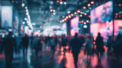 Fototapeta premium Blurred Crowd at Vibrant Trade Show or Event with Colorful Lighting, Busy Networking and Business Atmosphere