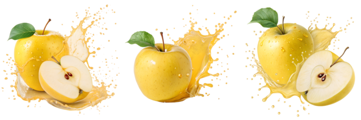 Set of A yellow apple light splash of a liquid similar to juice isolated on a transparent background