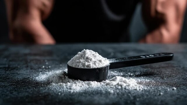 White protein powder in black scoop placed on dark table with muscular bodybuilder in background, symbolizing fitness and nutrition