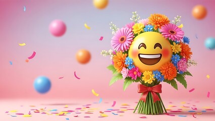 A cheerful emoji smiles from within a vibrant bouquet of colorful flowers, celebrating happiness
