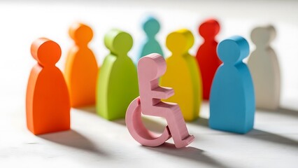 Disability inclusion concept with a pink wheelchair figure among a diverse group of colorful wooden people