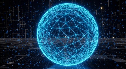 Neon blue wireframe globe structure on a dark digital background.