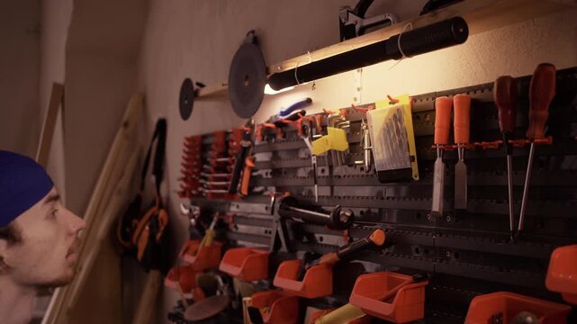 Mechanic Taking Hex Keys From Pegboard Wall Panel In Workshop