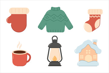 Christmas ornaments set includes mitten, sweater, hot cocoa mug, stocking, lantern, winter house ornament vector design.