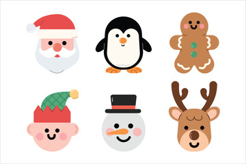 Christmas ornaments set includes santa, snowman, reindeer, penguin, gingerbread man, elf vector design.
