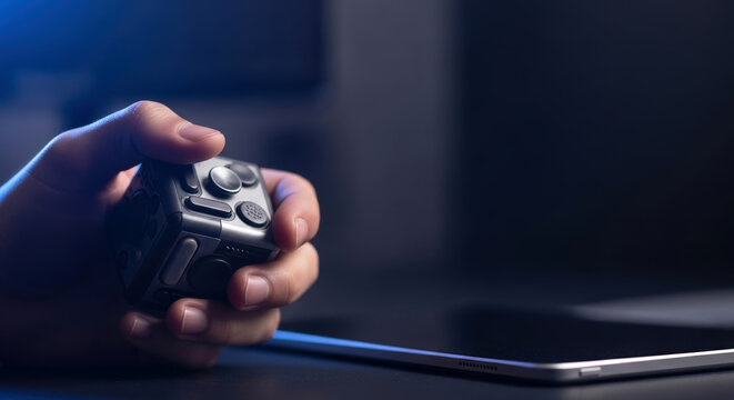 Hand holding a fidget cube stress relief toy