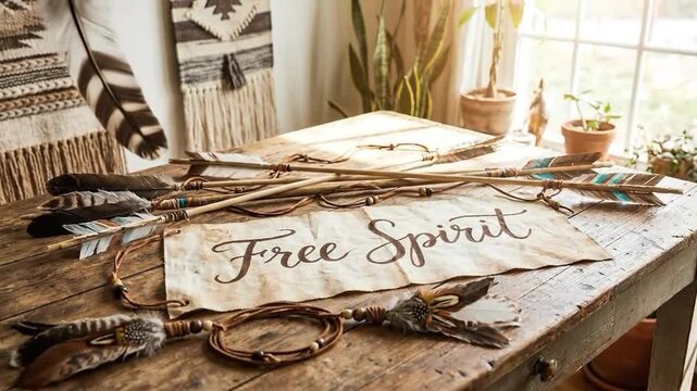A scroll reads Free Spirit among arrows and feathers on a wooden table.