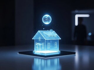 Glowing blue house with a glowing orb above it on a dark background with futuristic ambiance and technology elements
