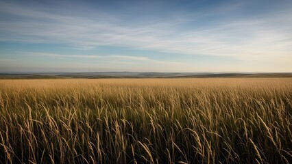 Obraz premium Expansive golden field stretches into the horizon under a soft, cloud-kissed sky, evoking a sense of peaceful tranquility in nature's embrace