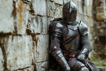 worn medieval armor leaning against ancient stone wall