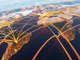 A 3d illustration of a world map with glowing yellow lines and connections