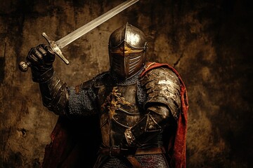 battle-ready knight wearing medieval armor with sword raised