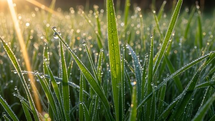 Obraz premium Lush green grass adorned with shimmering dew drops, illuminated by the golden embrace of the morning sun, evoking a sense of renewal and vibrant natural beauty
