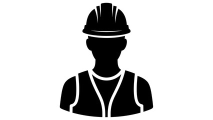 Black silhouette of a construction worker or engineer wearing a hard hat and safety vest, symbolizing safety and industry.