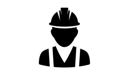 Black silhouette icon of a construction worker or engineer wearing a hard hat and safety vest.