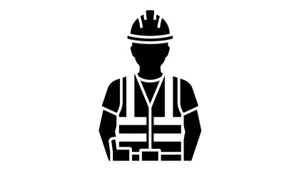 Black silhouette of a construction worker wearing a hard hat and safety vest.