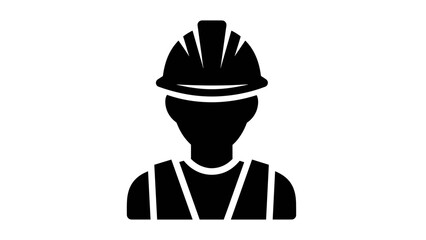 Black silhouette icon of a worker wearing a hard hat and safety vest, representing construction, industry, or safety.