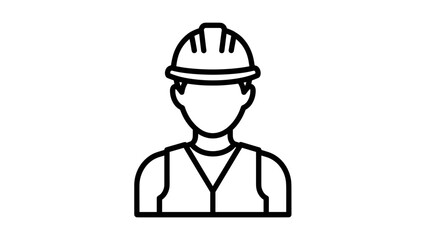 Obraz premium Line art icon of a construction worker or engineer wearing a hard hat and safety vest, representing labor and industry.
