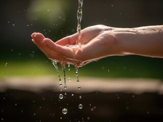 Fototapeta premium A hand cupped under a stream of clear water droplets on a sunny day outdoors