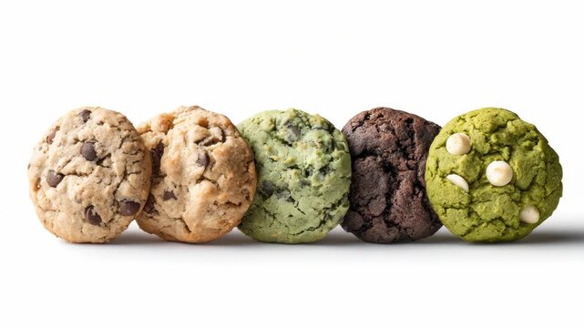 A row of five assorted cookies in various colors and flavors, realistic style, on white background. Concept of variety and gourmet dessert