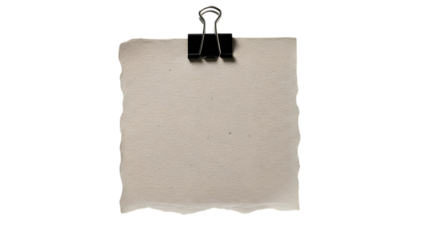 Blank torn paper note held by a black binder clip isolated on transparent background
