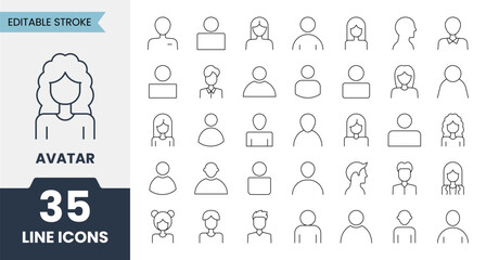 Avatar line icons set with editable stroke. Contains icons related to diverse female and male user, profile pictures, online accounts and more. Vector illustration