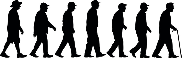 Silhouette Sequence of Elderly Man Walking with Cane